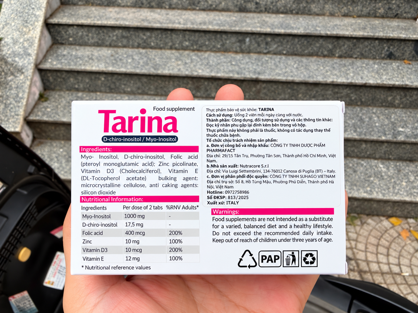 Ảnh thực tế nhãn thành phần và thông tin Tarina